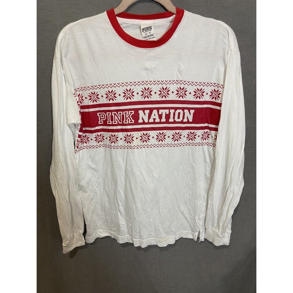Victoria’s Secret PINK Shirt XS Red White Pink Nation‎ Holiday Long Sleeve Top.